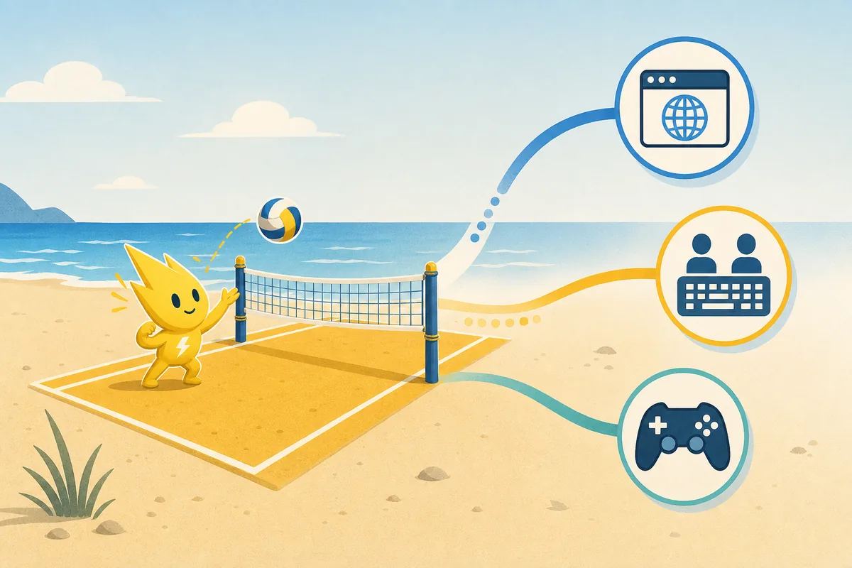 Ilustração editorial de uma quadra compacta no estilo Pikachu Volleyball que leva a opções de navegador, teclado e jogos de PC