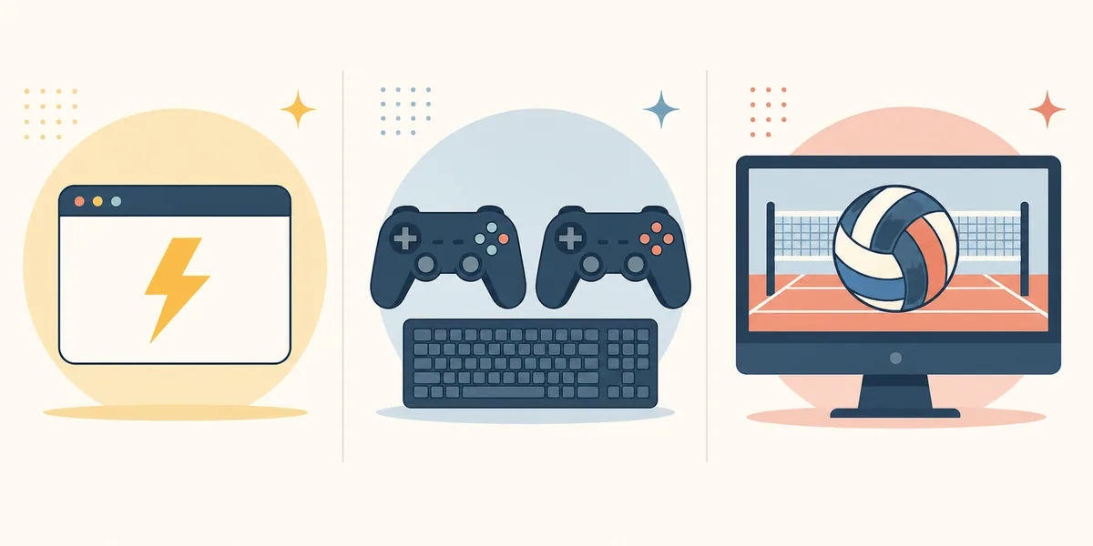 Ilustração editorial comparando jogo no navegador, controles e teclado locais e um jogo de vôlei maior para PC