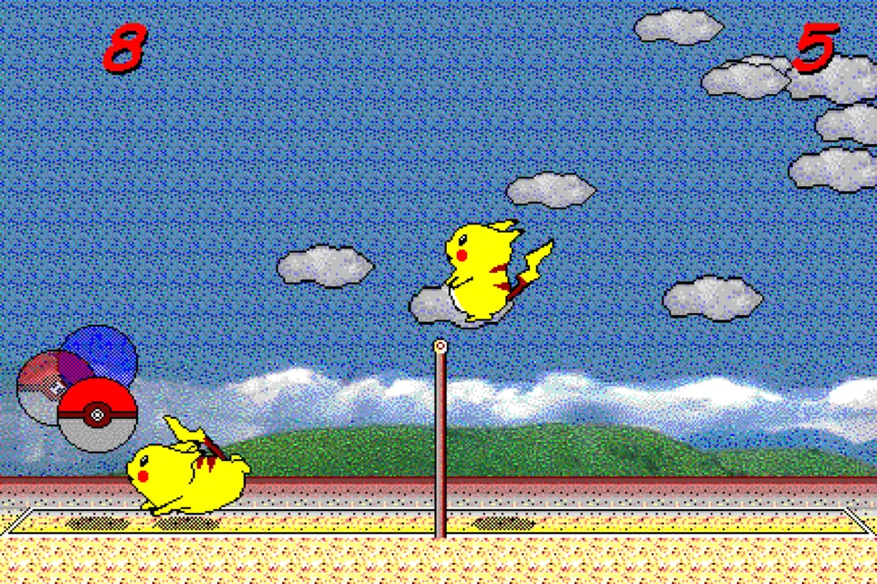 Pikachu Volleyball rally with both players, net and scoreboards visible