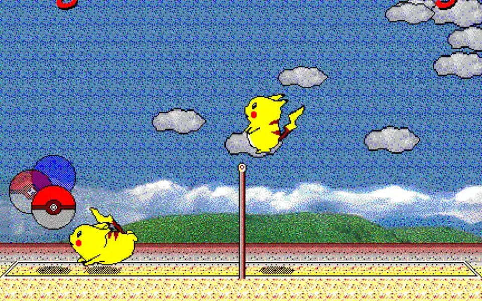 Scambio di Pallavolo Pikachu con attacco sopra la rete e difesa in campo